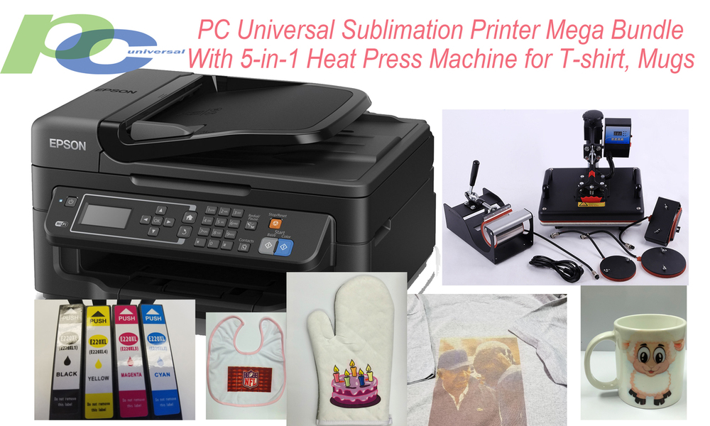 PC Universal Sublimation Bundle with Printer, 5-in-1 Heat Press Machine &  T-shirts & Assorted Mugs, Transfer Paper, Heat Tape, ALL INCLUDED